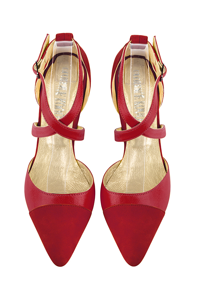 Cardinal red women's open side shoes, with crossed straps. Tapered toe. Medium comma heels. Top view - Florence KOOIJMAN